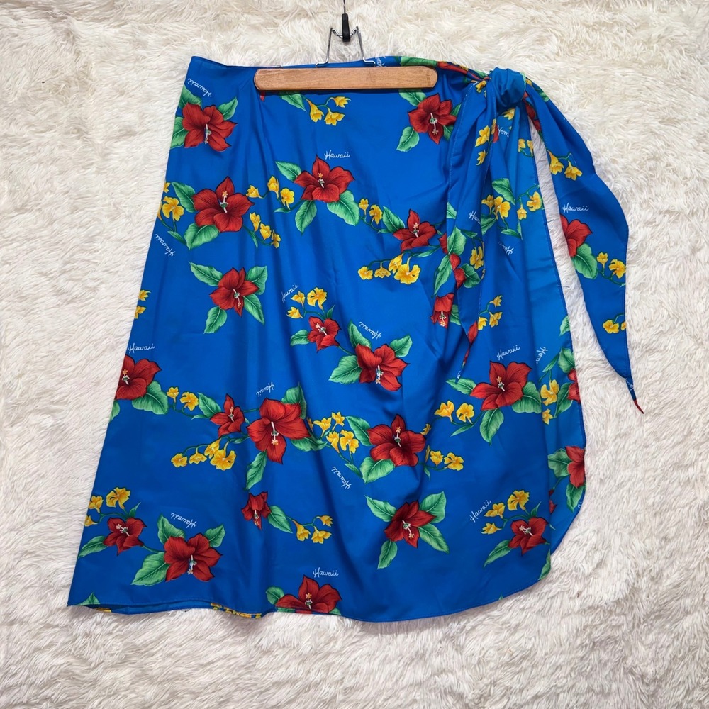 Helenas Hawaii Sarong Blue Tropical Hibiscus Floral Wrap Skirt OSFA Made in USA